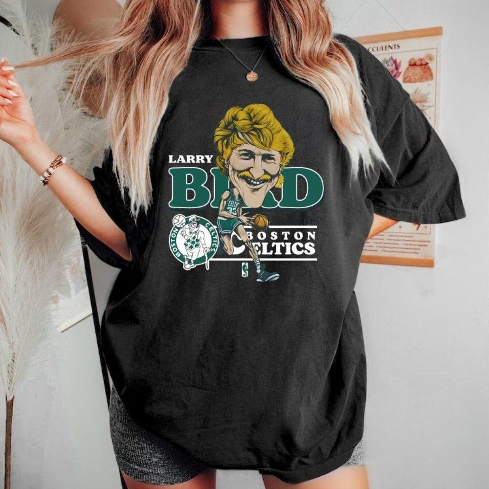 Mitchell Ness Retro Style Tee Larry Bird Caricature Green Boston Celtics Shirt